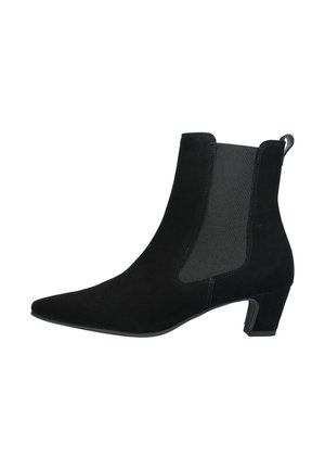 Stivaletto in camoscio nero con tacco basso a blocco, punta a punta, pannello laterale elastico e linguetta posteriore.