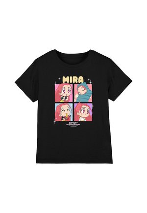 Black t-shirt with four colorful cartoon panels showing a pink-haired girl named Mira in different expressions and a blue hooded jacket.