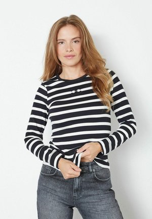 Black and white striped long-sleeve shirt with a round neckline and ribbed texture. Features a subtle logo on the chest and fitted sleeves.