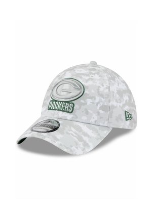 Graue Camouflage-Kappe mit dem in Grün und Grau gestickten Logo der Green Bay Packers, mit einem gebogenen Schirm und einem anliegenden Design.