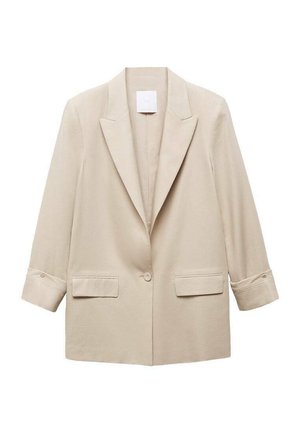 Bežna blazer jakna na jednoklop, z izrezanimi klapnimi, dvema žepekoma in rokavi do zapestja z gumbi.