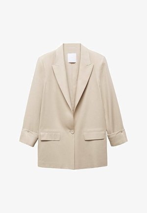 Beige single-button blazer with notch lapels, two flap pockets, and wrist-length sleeves with buttoned cuffs.