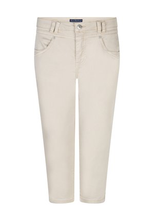 Beige cropped bukser med frontlommer, bæltestropper, knaplukning og Red Button-mærke på taljebåndet.