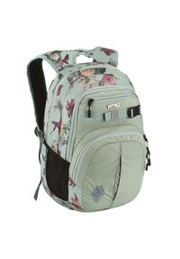Mint green backpack with floral pattern, two front zip pockets, padded straps, mesh side pocket, and NITRO logo on the front.