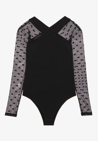 Mustmustelaste bodysuit, millel on pikad läbipaistvad varrukad mustade täppidega, V-kaelusega ja keha külge liibuv välimus. Pehme kangas sujuva tekstuuriga.