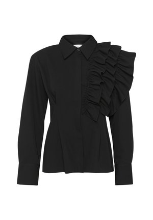 Blusa nera con colletto strutturato, maniche lunghe e dettaglio arricciato sulla spalla destra. Realizzata in tessuto morbido con una vestibilità sartoriale.