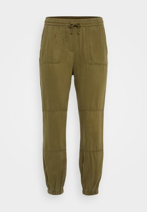 Pantaloni jogger verde oliva realizzati in tessuto morbido, con vita elastica e cordino, due tasche frontali e polsini elasticizzati.