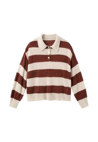 Suéter de punto con cuello tipo polo que presenta franjas horizontales en crema y óxido. Textura suave con un corte relajado y recortado, y tapeta con botones.
