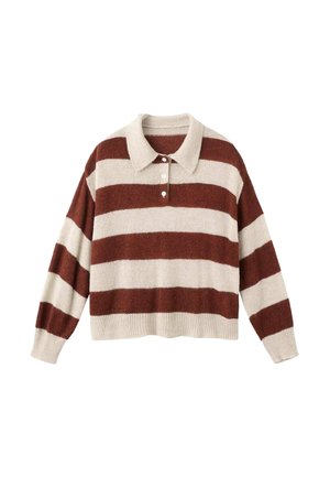 Suéter de punto con cuello tipo polo que presenta franjas horizontales en crema y óxido. Textura suave con un corte relajado y recortado, y tapeta con botones.