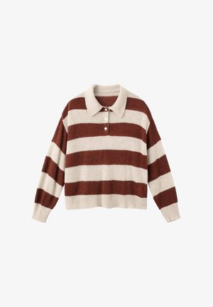 Strickpullover mit kragenförmigem Ausschnitt, der horizontale cremefarbene und rostfarbene Streifen aufweist. Weiche Textur mit einer lockeren, verkürzten Passform und Knopfblende.