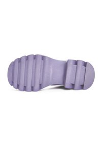 Purple rubber shoe sole featuring a ridged pattern with multiple horizontal grooves and a rounded heel for enhanced traction.