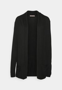 Svart cardigan med öppen front, långa ärmar och två framfickor. Tillverkad av mjukt, lätt tyg med en slät yta.
