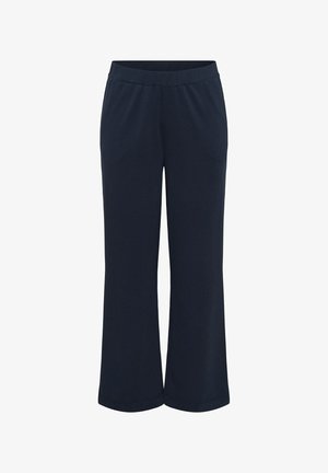 Tengerészkék, bő szárú nadrág rugalmas derékpánttal és oldalzsebekkel, alkalmi vagy irodai viseletre tervezve.