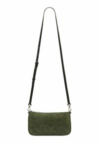 Zielona zamszowa torba na ramię z czarnym regulowanym paskiem, prostokątny kształt, zamek błyskawiczny i subtelny wzór wytłoczonego logo.