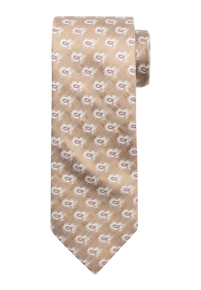 Beige zijden stropdas met een herhalend patroon van gestileerde rozen in wit en roze, gladde textuur en een klassieke taps toelopende vorm.