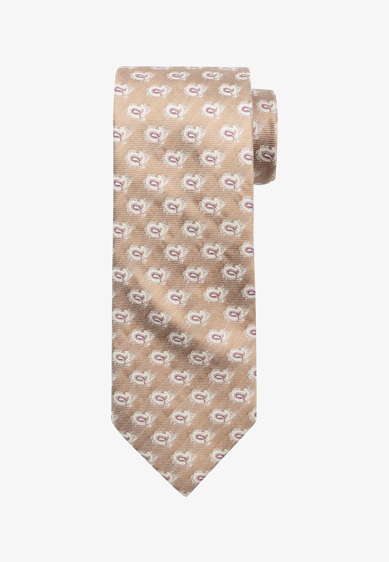 Beige zijden stropdas met een herhalend patroon van gestileerde rozen in wit en roze, gladde textuur en een klassieke taps toelopende vorm.