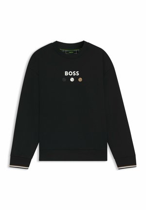 Schwarzer Sweatshirt mit Rundhalsausschnitt, der das Wort "BOSS" in Weiß und drei kleine gemusterte Kreise in Grau und Braun zeigt. Gerippte Bündchen.