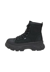 Black ankle boots with padded textile upper, rubber toe cap, and chunky rubber sole featuring a zigzag pattern. Lace-up design with logo detail.