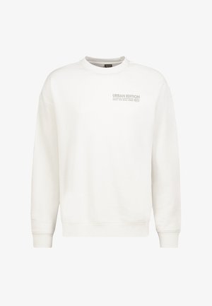 Weißes Sweatshirt mit langen Ärmeln, rundem Halsausschnitt und gerippten Bündchen. Auf der Vorderseite mit "URBAN EDITION" in hellem Grau bedruckt.