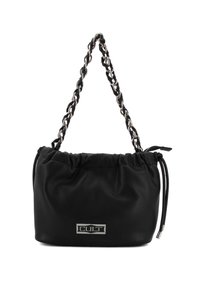 Borsa nera in ecopelle con parte superiore arricciata, tracolla in catena argentata e dettagli con logo. Tessuto morbido e forma arrotondata, adatta per diverse occasioni.