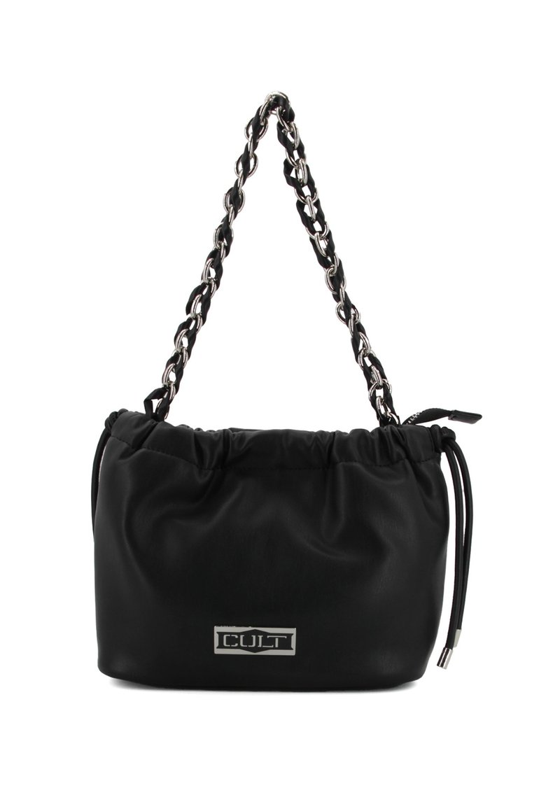 Borsa nera in ecopelle con parte superiore arricciata, tracolla in catena argentata e dettagli con logo. Tessuto morbido e forma arrotondata, adatta per diverse occasioni.