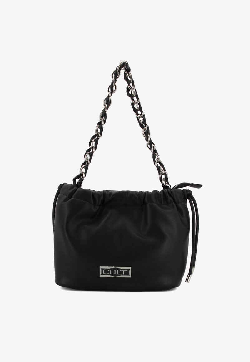 Borsa nera in ecopelle con parte superiore arricciata, tracolla in catena argentata e dettagli con logo. Tessuto morbido e forma arrotondata, adatta per diverse occasioni.