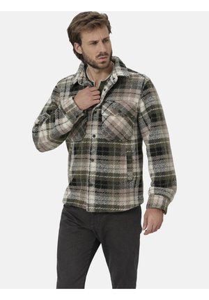 Fleecehemdjacke im schwarzen, grünen und cremefarbenen Karomuster. Mit einer Vordertasche, Knopfverschluss und einem Kragendesign.
