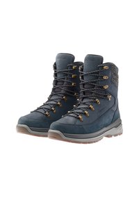 Paar blauwe hoge wandelschoenen met zwarte en witte veters, metalen oogjes, gevoerde enkelkraag en robuuste rubberen zolen.