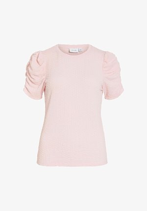 Bluză scurtă roz deschis, cu textură, mâneci bufante cu strângeri și decolteu rotund, vedere din față.