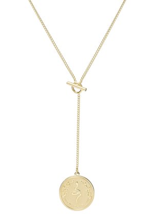 Złoty łańcuch z zapięciem typu toggle i okrągłą zawieszką z wygrawerowanym zwiniętym wężem oraz gałązkami laurowymi.