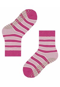 Rosa und hellrosa gestreifte Knöchelsocken mit rutschfesten Gummipunkten auf den Sohlen und Zehen.