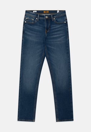 Mørkeblå slim-fit jeans med fem lommer, knaplukning og falmet detalje på forreste lår og knæ.