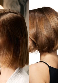 Kort bobfrisyr till vänster, med slätt, ljusbrunt hår. Höger sida visar en vågig, något mörkare bob med lagertextur.