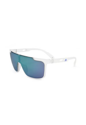 Occhiali da sole sportivi Adidas con montatura bianca, lente unica curva con tinta blu e logo sulla stanghetta.