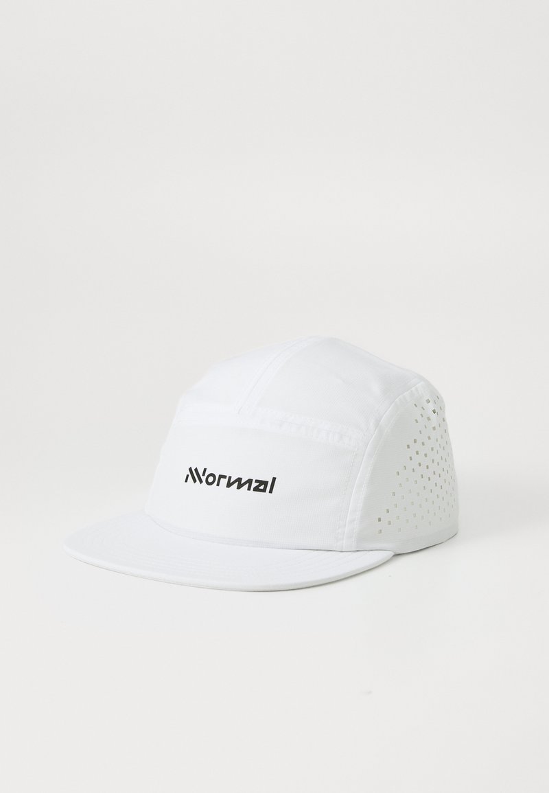 White cap made of lightweight fabric with a flat brim. Features a logo on the front and perforated accents on the sides for ventilation.