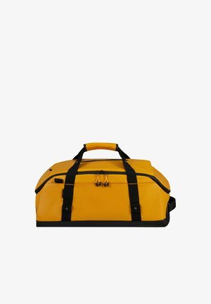 Yellow and black duffel bag with dual zipper, two black handles, and side pockets, shown on white background.