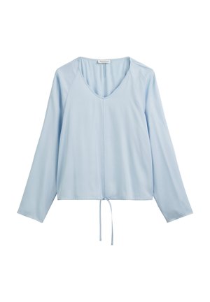 Blouse à manches longues bleu clair avec un col en V, un ourlet à cordon et un tissu lisse. Présente des manches raglan et une coupe décontractée.