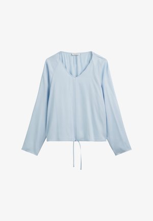 Blouse à manches longues bleu clair avec un col en V, un ourlet à cordon et un tissu lisse. Présente des manches raglan et une coupe décontractée.