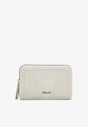 Hellbeige Leder-Geldbörse mit Reißverschluss, verziert mit geprägten Details und einem kleinen Metalllogo auf der Vorderseite.