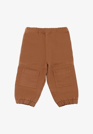 Pantaloni cargo marroni con cintura elastica, dotati di due grandi tasche applicate, polsini elasticizzati e un tessuto morbido e texturizzato.