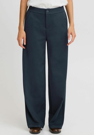 Pantaloni a gamba larga navy in tessuto morbido con frontale piatto, tasche anteriori e chiusura a bottone in vita.