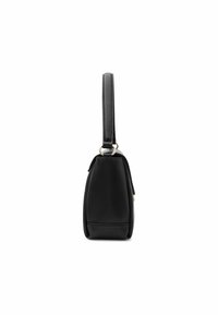 Borsa a tracolla nera in pelle con forma strutturata, dotata di una superficie testurizzata, una singola tracolla e dettagli in metallo dorato.