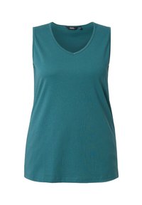 Haut sans manches pour femme de couleur sarcelle avec encolure en V, tissu lisse et ourlet droit, présenté sur fond blanc.