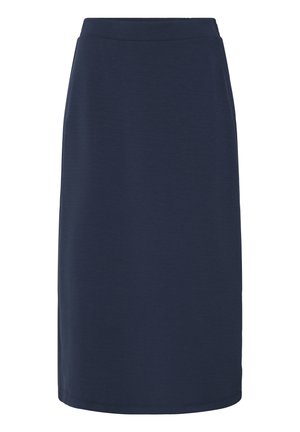 Marineblauwe kokerrok tot op de knie met een aansluitende tailleband zonder zichtbare patronen of versieringen.