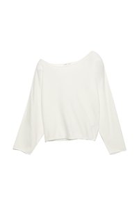 Biely top s dlhým rukávom, ktorý má široký výstrih a voľný strih. Vyrobený z mäkkého materiálu s hladkou textúrou. Skrátená dĺžka.
