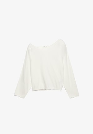 Bela dolga rokavica z širokim izrezom in sproščenim krojem. Narejena iz mehkega blaga z gladko teksturo. Skrajšana dolžina.