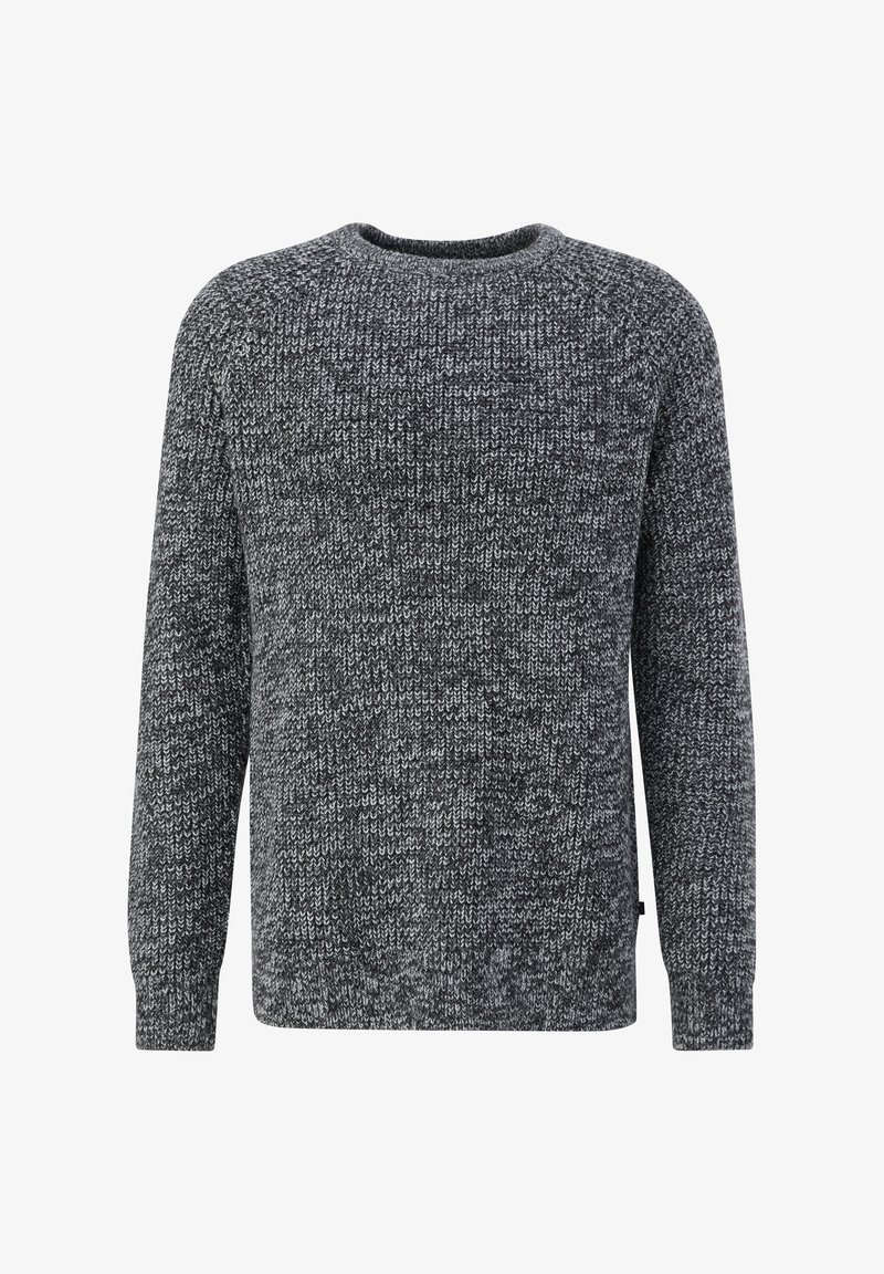 Pullover-Sweater in einem Strickmuster, mit Rundhalsausschnitt, langen Ärmeln, in gemischten Schwarz- und Grautönen.