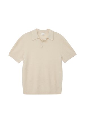 Beige, kortärmige gebreide poloshirt met textuurpatroon, tweeknopsbies en geribbelde manchetten en zoom.