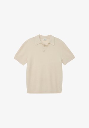 Beige, kortärmige gebreide poloshirt met textuurpatroon, tweeknopsbies en geribbelde manchetten en zoom.
