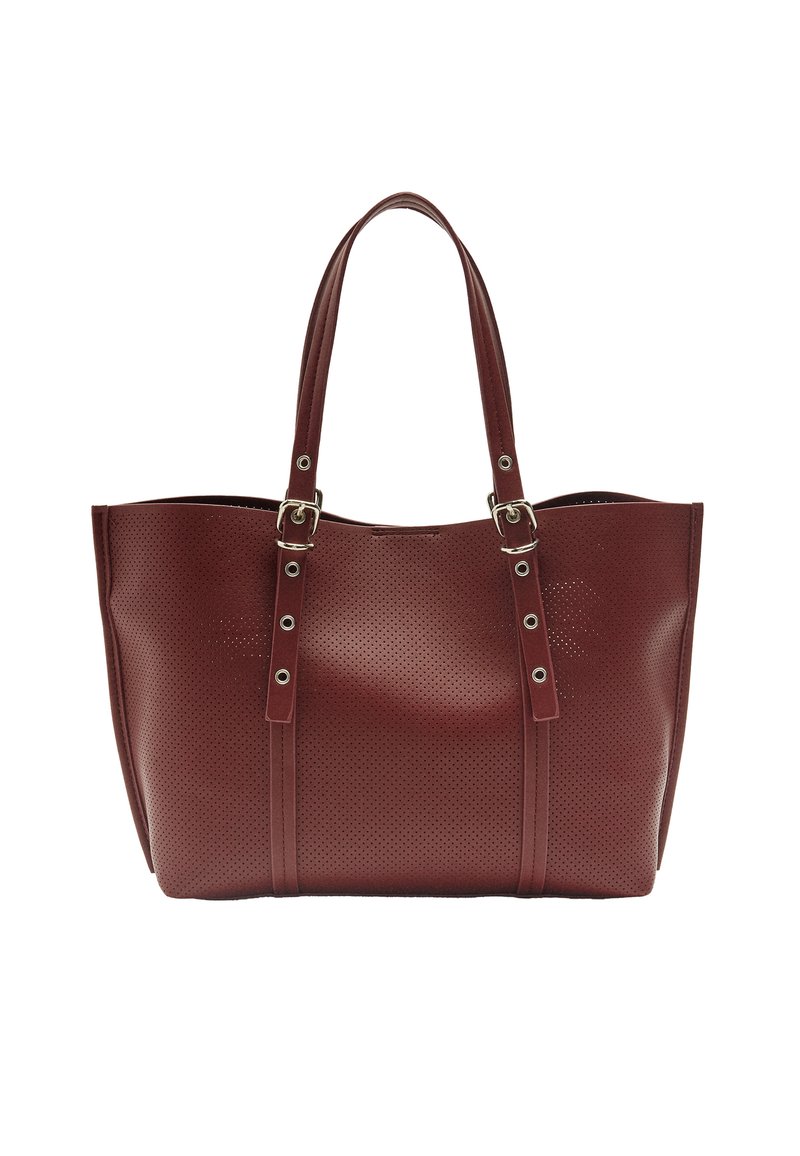 Burgundowa torba tote z perforacją, z podwójnymi ramiączkami i srebrnymi akcentami, charakteryzująca się szerokim otworem i usztywnioną konstrukcją.